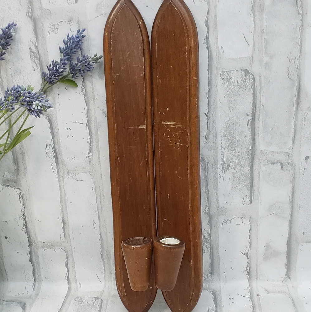 VTG Wooden Wall Sconce Taper Candle Holders
